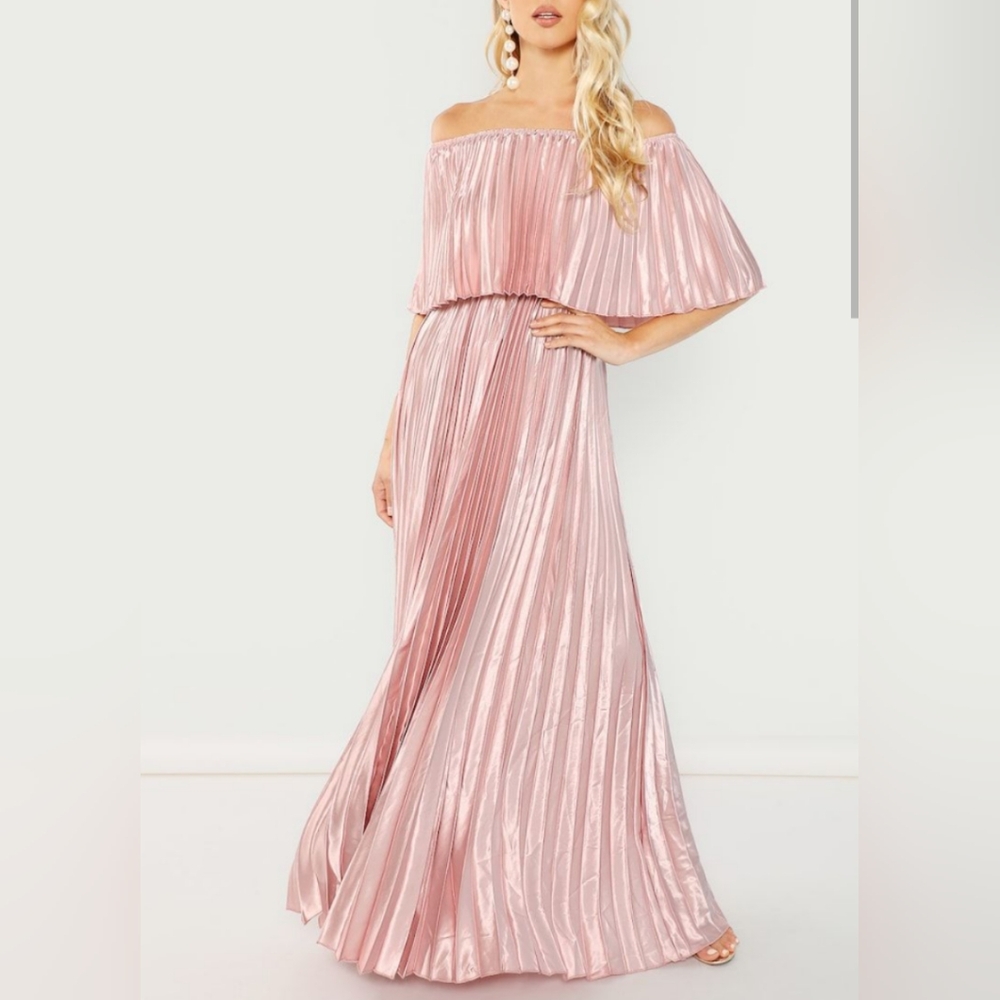 Shein Off Shoulder Pleated Pink Maxi Dress NEW